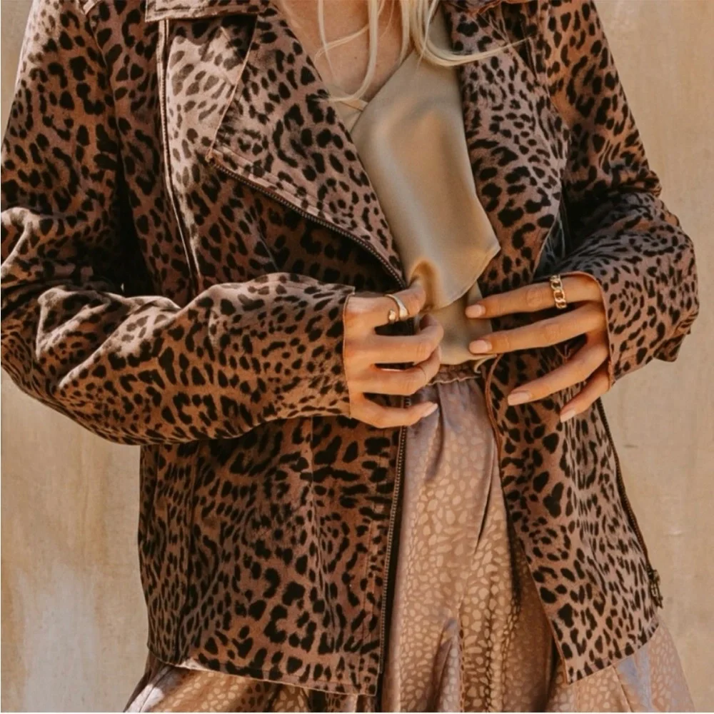 Washed Rose Leopard Faux Suede Rider Jacket - Picture 4 of 5